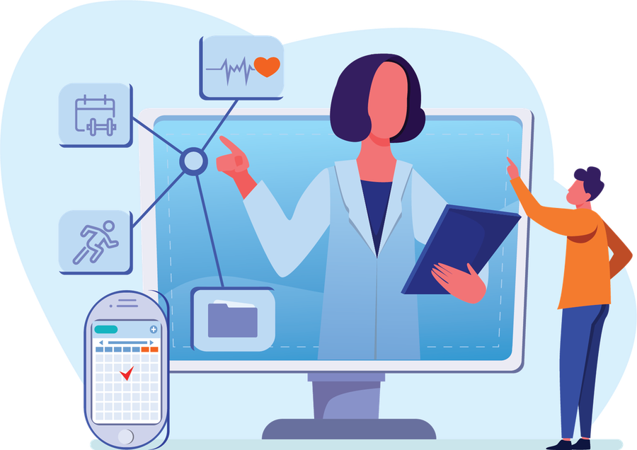 Illustration of a therapist on a video call with a patient