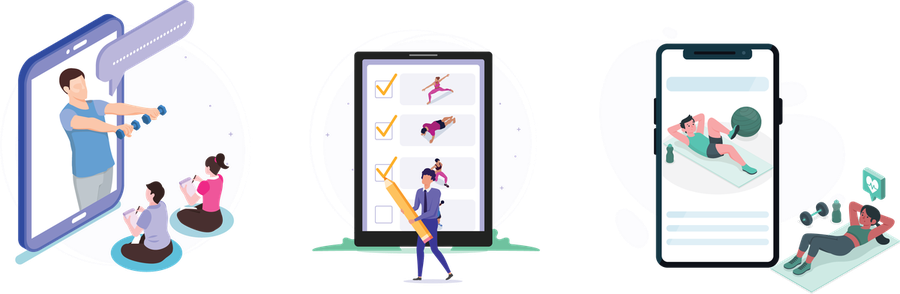 Illustrations of patients exercising at home with the optimumMe app